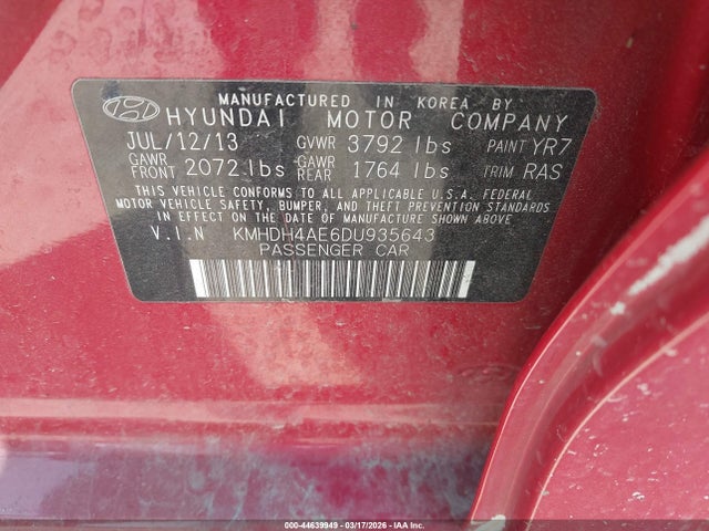 Aukcja sprzedaży 2013 Hyundai Elantra Gls, vin: KMHDH4AE6DU935643, numer aukcji: 44639949