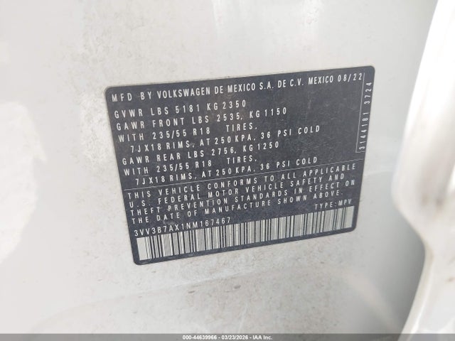 44639966 :رقم المزاد ، 3VV3B7AX1NM167467 vin ، 2022 Volkswagen Tiguan 2.0t Se مزاد بيع