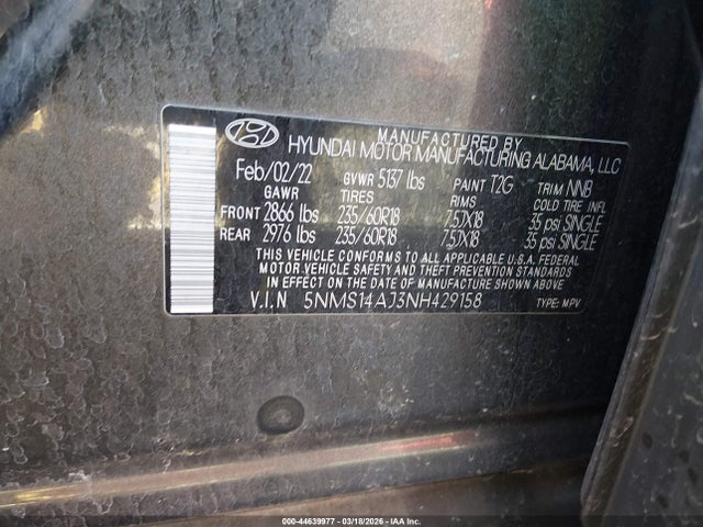 44639977 :رقم المزاد ، 5NMS14AJ3NH429158 vin ، 2022 Hyundai Santa Fe Se مزاد بيع