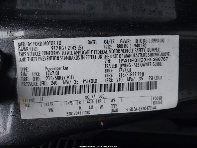 2017 Ford Focus Sel მანქანა იყიდება აუქციონზე, vin: 1FADP3H23HL260767, აუქციონის ნომერი: 44639982