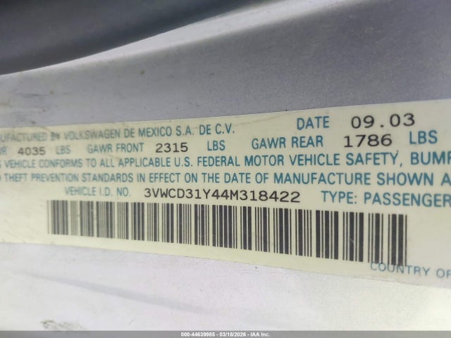 Aukcja sprzedaży 2004 Volkswagen New Beetle Gls 1.8t, vin: 3VWCD31Y44M318422, numer aukcji: 44639985