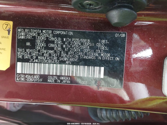44639993 :رقم المزاد ، JTJHK31U382854753 vin ، 2008 Lexus Rx 350 مزاد بيع