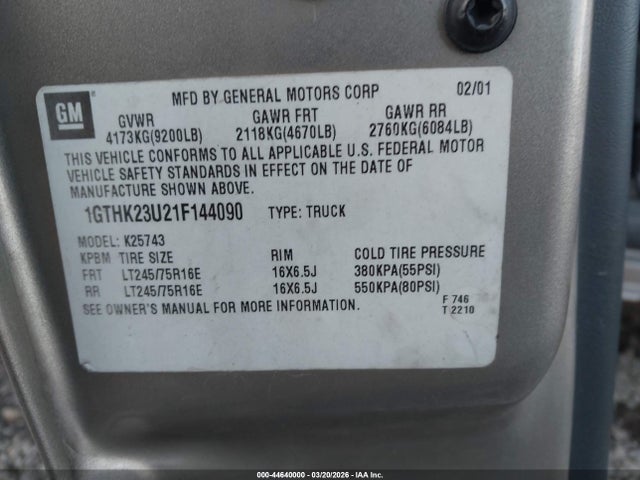 Продаж на аукціоні авто 2001 Gmc Sierra 2500hd Sle, vin: 1GTHK23U21F144090, номер лоту: 44640000