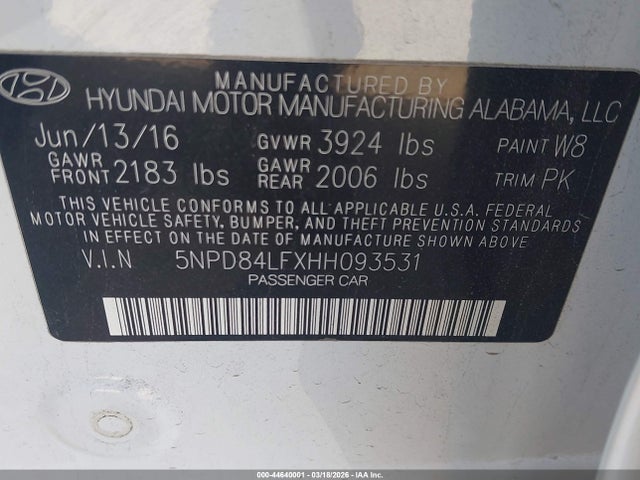 Aukcja sprzedaży 2017 Hyundai Elantra Se, vin: 5NPD84LFXHH093531, numer aukcji: 44640001