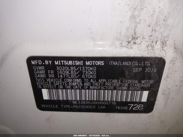 Продаж на аукціоні авто 2019 Mitsubishi Mirage Es, vin: ML32A3HJXKH000776, номер лоту: 44640041