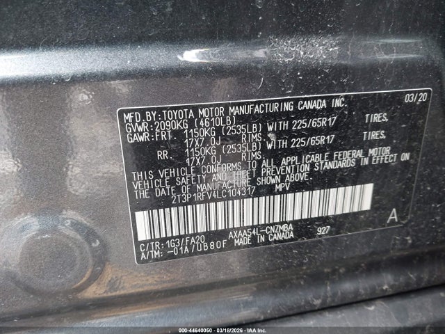 Aukcja sprzedaży 2020 Toyota Rav4 Xle, vin: 2T3P1RFV4LC104317, numer aukcji: 44640050
