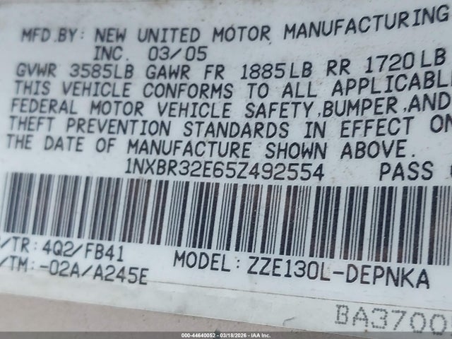 44640052 :رقم المزاد ، 1NXBR32E65Z492554 vin ، 2005 Toyota Corolla Le مزاد بيع