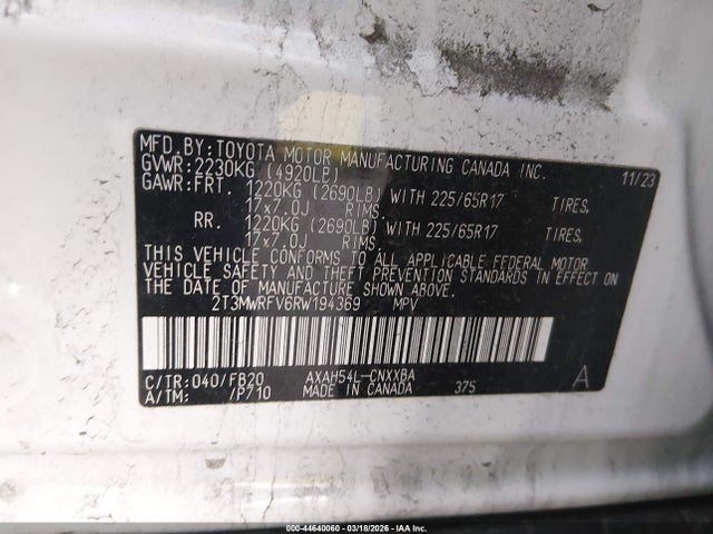 2024 Toyota Rav4 Hybrid Le მანქანა იყიდება აუქციონზე, vin: 2T3MWRFV6RW194369, აუქციონის ნომერი: 44640060