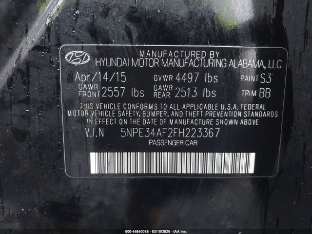 Hyundai Sonata Limited 2015 5NPE34AF2FH223367 Image 9