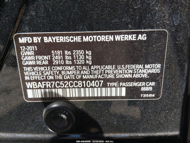 Продаж на аукціоні авто 2012 Bmw 535i, vin: WBAFR7C52CC810407, номер лоту: 44640069