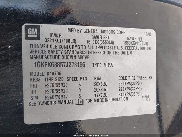 Продаж на аукціоні авто 2007 Gmc Yukon Denali, vin: 1GKFK63857J278166, номер лоту: 44640073