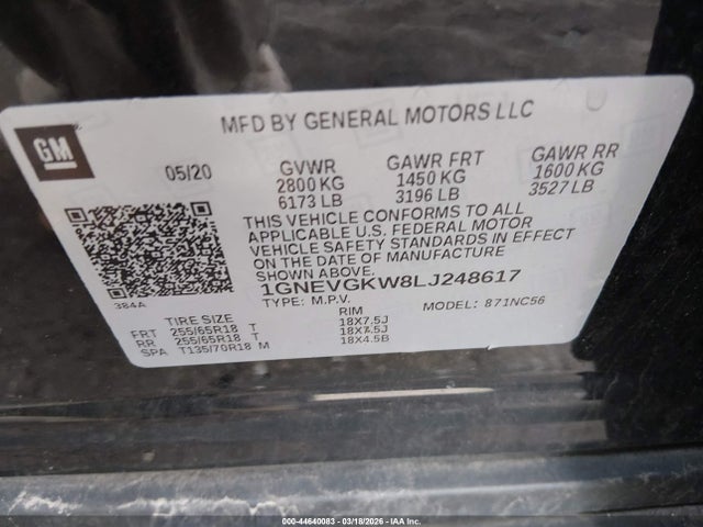 1GNEVGKW8LJ248617 Chevrolet Traverse Awd Lt Cloth