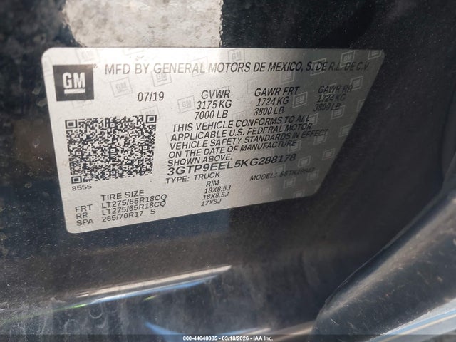 Продаж на аукціоні авто 2019 Gmc Sierra 1500 At4, vin: 3GTP9EEL5KG288178, номер лоту: 44640085