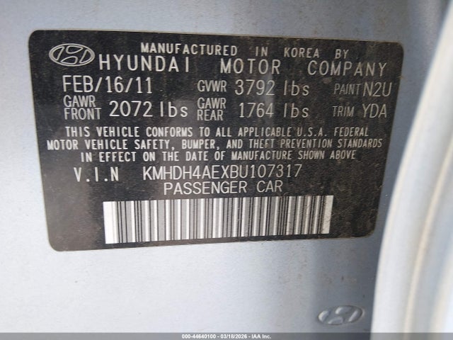 44640100 :رقم المزاد ، KMHDH4AEXBU107317 vin ، 2011 Hyundai Elantra Limited (ulsan Plant) مزاد بيع