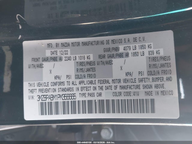 Продажа на аукционе авто 2023 Mazda Mazda3 2.5 S Select, vin: 3MZBPABM1PM356665, номер лота: 44640108