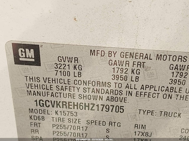 Продаж на аукціоні авто 2017 Chevrolet Silverado 1500 1lt, vin: 1GCVKREH6HZ179705, номер лоту: 44640135
