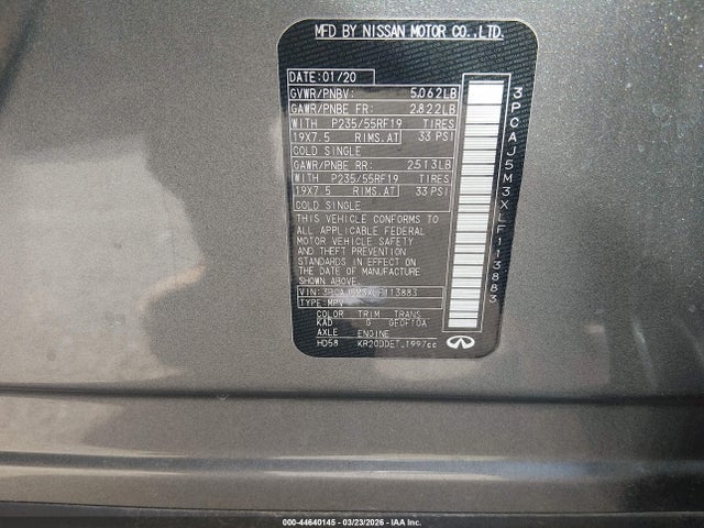 44640145 :رقم المزاد ، 3PCAJ5M3XLF113883 vin ، 2020 Infiniti Qx50 Essential Awd مزاد بيع