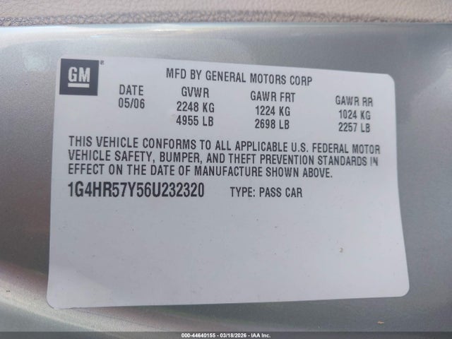 Auction sale of the 2006 Buick Lucerne Cxl, vin: 1G4HR57Y56U232320, lot number: 44640155