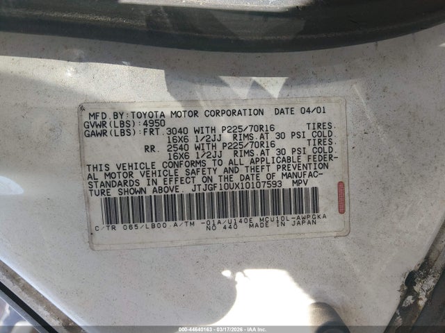 Aukcja sprzedaży 2001 Lexus Rx 300, vin: JTJGF10UX10107593, numer aukcji: 44640163