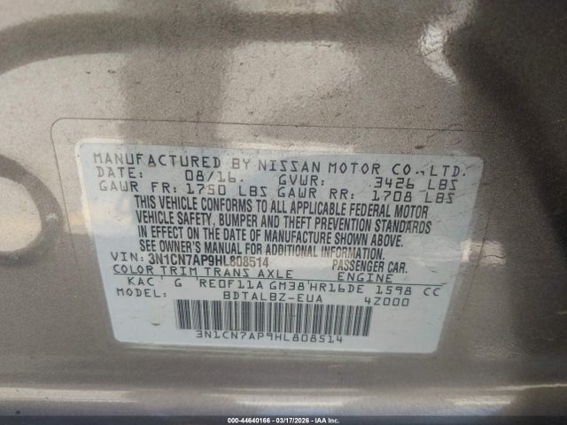 3N1CN7AP9HL808514 Nissan Versa 1.6 Sv