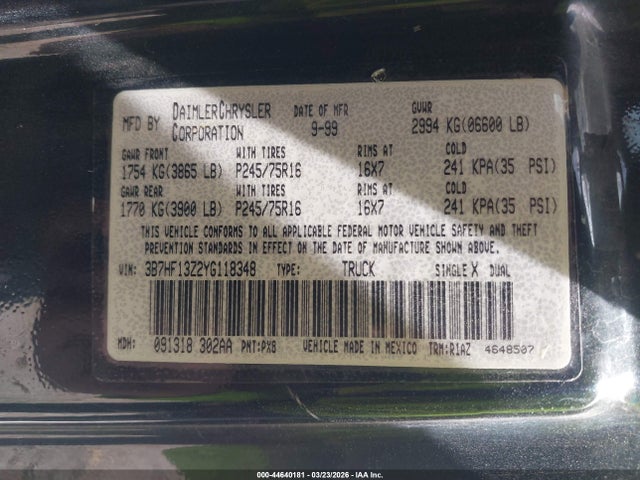 Продаж на аукціоні авто 2000 Dodge Ram 1500 St, vin: 3B7HF13Z2YG118348, номер лоту: 44640181