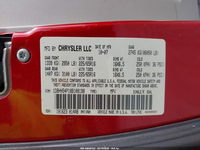 Aukcja sprzedaży 2008 Dodge Grand Caravan Sxt, vin: 1D8HN54P18B108198, numer aukcji: 44640182