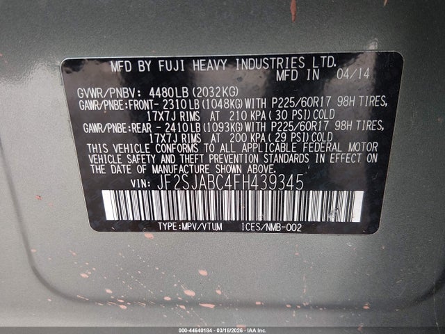 44640184 :رقم المزاد ، JF2SJABC4FH439345 vin ، 2015 Subaru Forester 2.5i مزاد بيع