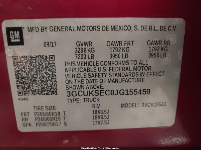 44640198 :رقم المزاد ، 3GCUKSEC0JG155459 vin ، 2018 Chevrolet Silverado 1500 1lz مزاد بيع