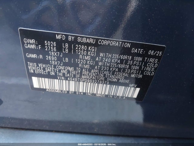 44640203 :رقم المزاد ، 4S4BTGPD9S3279379 vin ، 2025 Subaru Outback Touring Xt مزاد بيع
