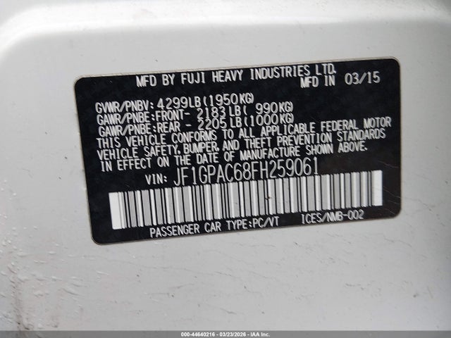 44640216 :رقم المزاد ، JF1GPAC68FH259061 vin ، 2015 Subaru Impreza 2.0i Premium مزاد بيع