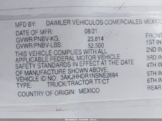 44640219 :رقم المزاد ، 3AKJHHDR1NSNE2694 vin ، 2022 Freightliner New Cascadia 126 مزاد بيع