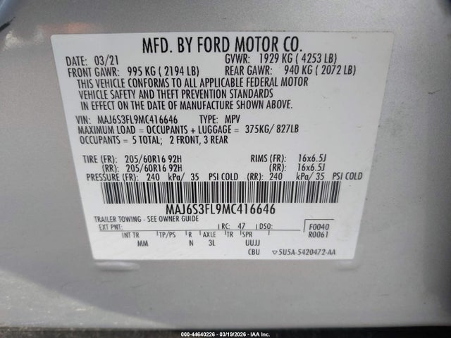 Aukcja sprzedaży 2021 Ford Ecosport S, vin: MAJ6S3FL9MC416646, numer aukcji: 44640226