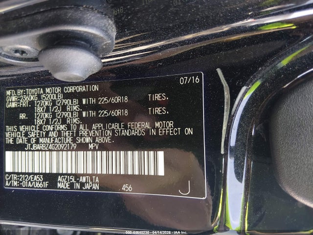 Aukcja sprzedaży 2016 Lexus Nx 200t, vin: JTJBARBZ4G2092179, numer aukcji: 44640230