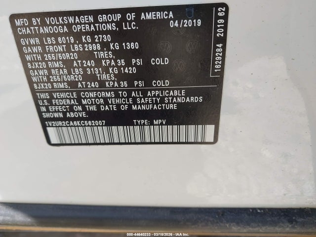 Aukcja sprzedaży 2019 Volkswagen Atlas 3.6l V6 Se W/technology, vin: 1V2UR2CA6KC562007, numer aukcji: 44640233