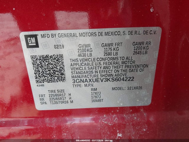 Продажа на аукционе авто 2019 Chevrolet Equinox Lt, vin: 3GNAXUEV3KS604222, номер лота: 44640252
