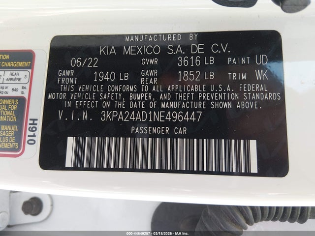 2022 Kia Rio S მანქანა იყიდება აუქციონზე, vin: 3KPA24AD1NE496447, აუქციონის ნომერი: 44640257