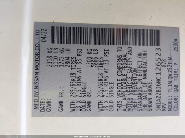Продаж на аукціоні авто 2022 Nissan Murano Sv Fwd, vin: 5N1AZ2BJ6NC126523, номер лоту: 44640266