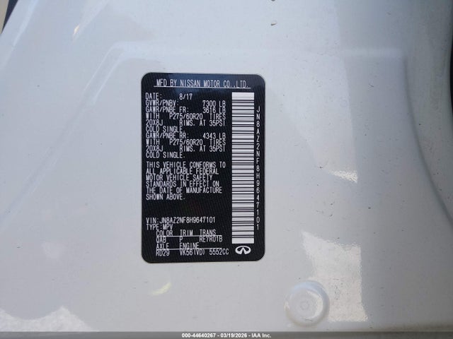 Aukcja sprzedaży 2017 Infiniti Qx80, vin: JN8AZ2NF8H9647101, numer aukcji: 44640267