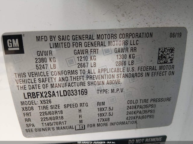 2020 Buick Envision Awd Essence მანქანა იყიდება აუქციონზე, vin: LRBFX2SA1LD033169, აუქციონის ნომერი: 44640274