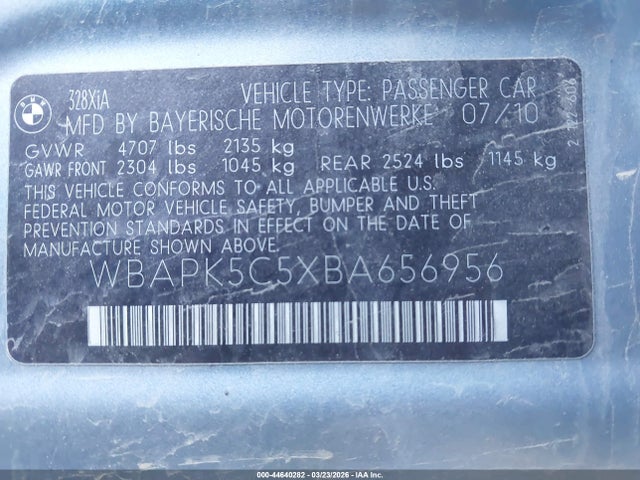 44640282 :رقم المزاد ، WBAPK5C5XBA656956 vin ، 2011 Bmw 328i Xdrive مزاد بيع