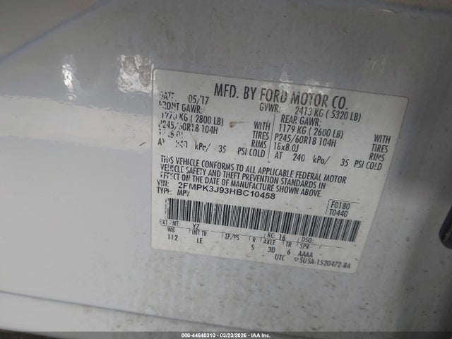 2017 Ford Edge Sel მანქანა იყიდება აუქციონზე, vin: 2FMPK3J93HBC10458, აუქციონის ნომერი: 44640310