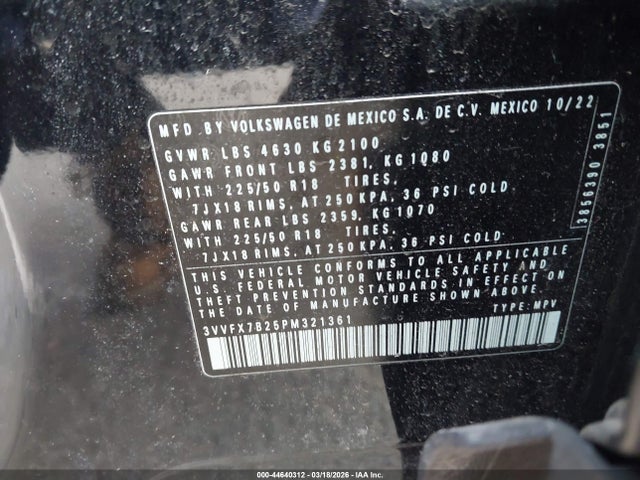 2023 Volkswagen Taos 1.5t S მანქანა იყიდება აუქციონზე, vin: 3VVFX7B25PM321361, აუქციონის ნომერი: 44640312