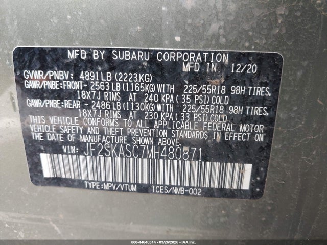 Продажа на аукционе авто 2021 Subaru Forester Limited, vin: JF2SKASC7MH480871, номер лота: 44640314