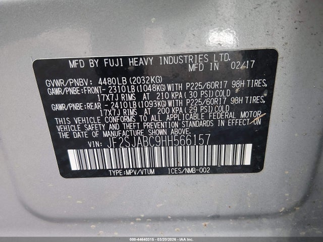 JF2SJABC9HH566157 Subaru Forester 2.5i