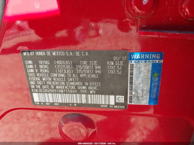 3CZRU5H51HM715994 Honda HR-V EX