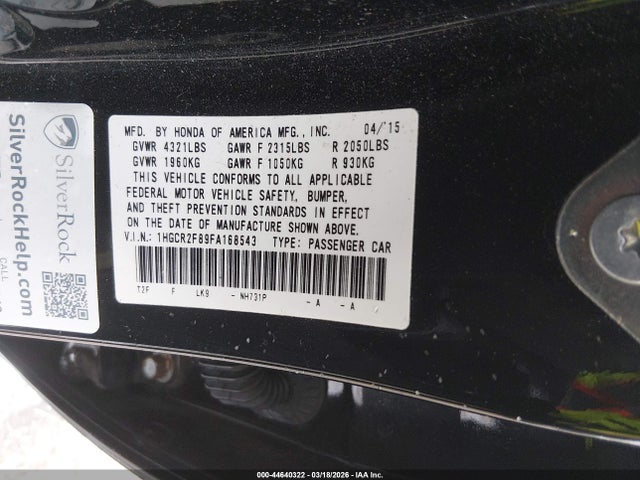 44640322 :رقم المزاد ، 1HGCR2F89FA168543 vin ، 2015 Honda Accord Ex-l مزاد بيع