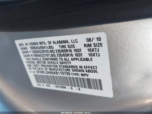 Продаж на аукціоні авто 2010 Honda Odyssey Ex-l, vin: 5FNRL3H66AB110739, номер лоту: 44640326