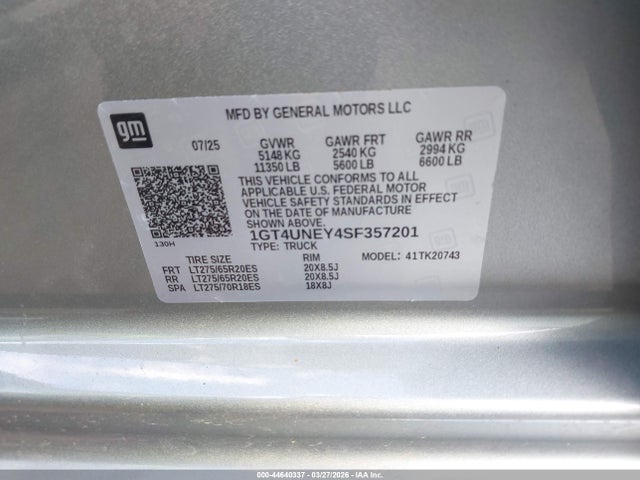 Aukcja sprzedaży 2025 Gmc Sierra 2500hd, vin: 1GT4UNEY4SF357201, numer aukcji: 44640337