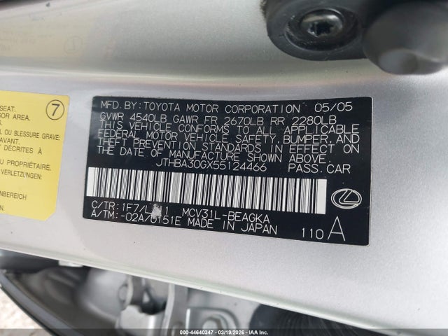 Продажа на аукционе авто 2005 Lexus Es 330, vin: JTHBA30GX55124466, номер лота: 44640347