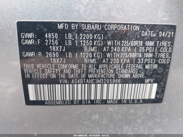 Aukcja sprzedaży 2021 Subaru Outback Limited, vin: 4S4BTANC3M3205966, numer aukcji: 44640349
